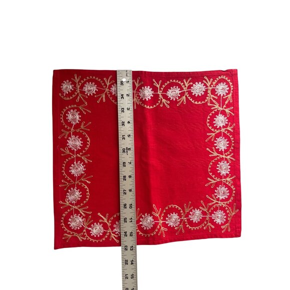 Red Embroidered Floral Table Napkins Set Of 6, 14" x 13" - Picture 4 of 6